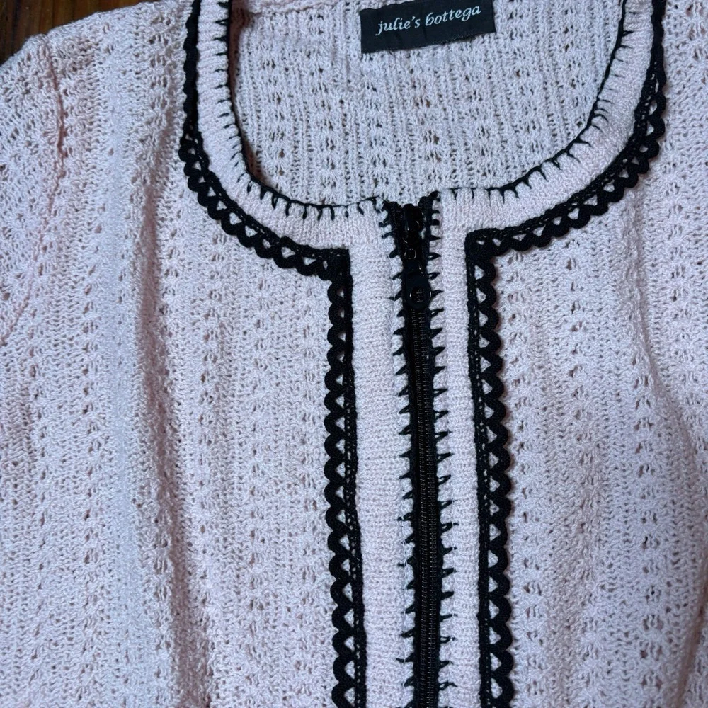Julie's Bottega Pink Black Trim Zip Front Cardigan Sweater Sz M Coquette A178